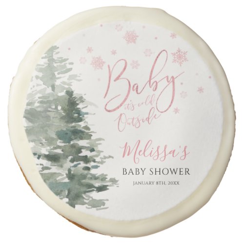 Winter Forest Pink Its Cold Outside Baby Shower Sugar Cookie