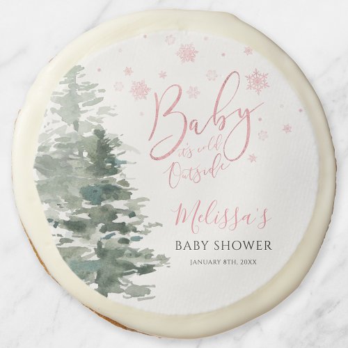 Winter Forest Pink Its Cold Outside Baby Shower Sugar Cookie