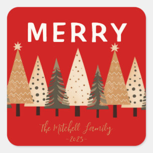 Winter Forest Red Family Name Square Sticker