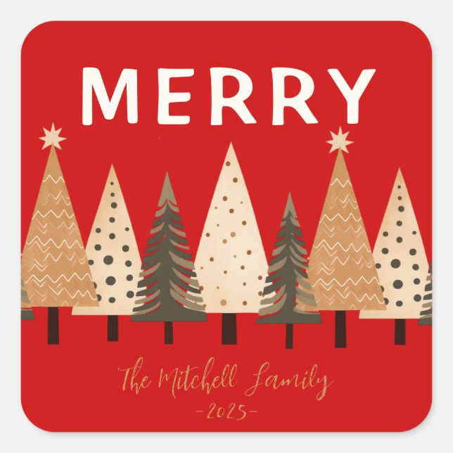 Winter Forest Red Family Name Square Sticker (Front)