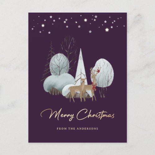 Winter Forest Reindeer Purple Merry Christmas Holiday Postcard