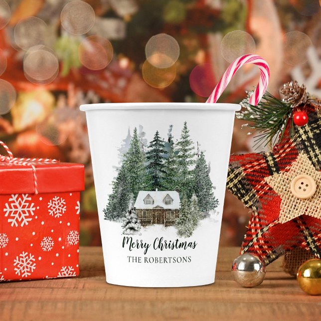 Winter Forest Rustic Christmas Woodland Cabin Paper Cups (Creator Uploaded)