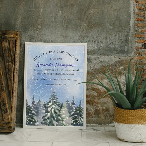 Winter Forest Rustic Watercolor Blue Pine Tree Boy Invitation