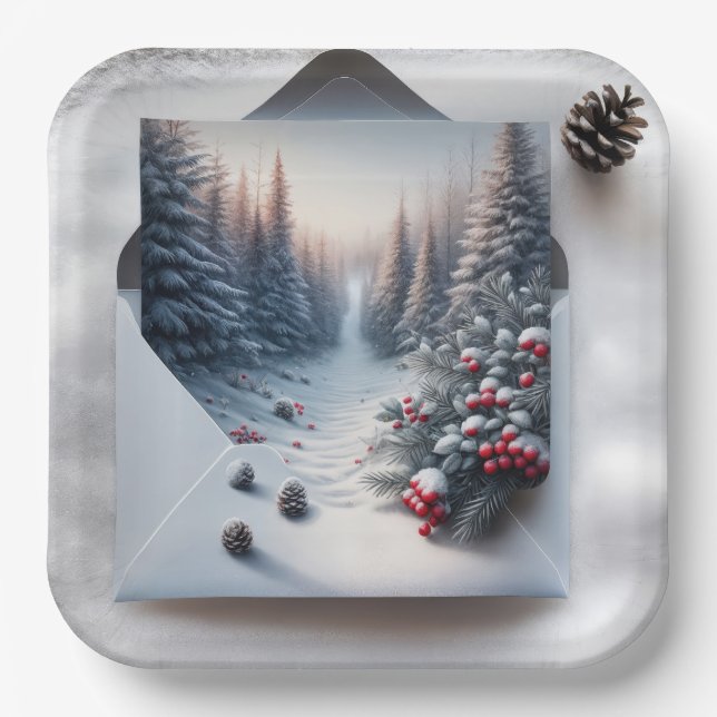 Winter Forest Scene In an Envelope Paper Plates (Front)