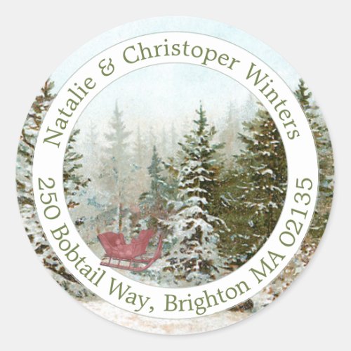 Winter Forest Scene Red Sled Christmas Address  Classic Round Sticker