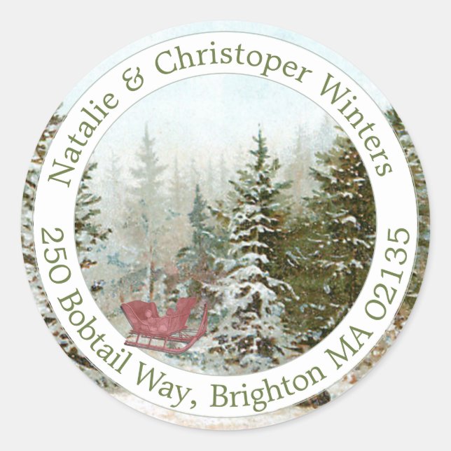 Winter Forest Scene Red Sled Christmas Address  Classic Round Sticker (Front)