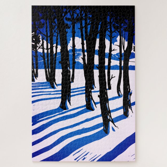 Winter Forest Shadows – Blue Minimal Nature Jigsaw Puzzle (Vertical)