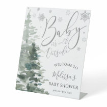 Winter Forest Silver Baby Shower Welcome Pedestal Sign