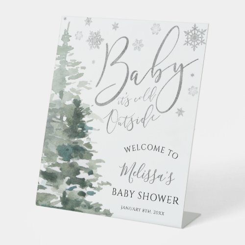 Winter Forest Silver Baby Shower Welcome Pedestal Sign