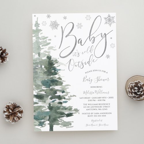 Winter Forest Silver Its Cold Outside Baby Shower Invitation