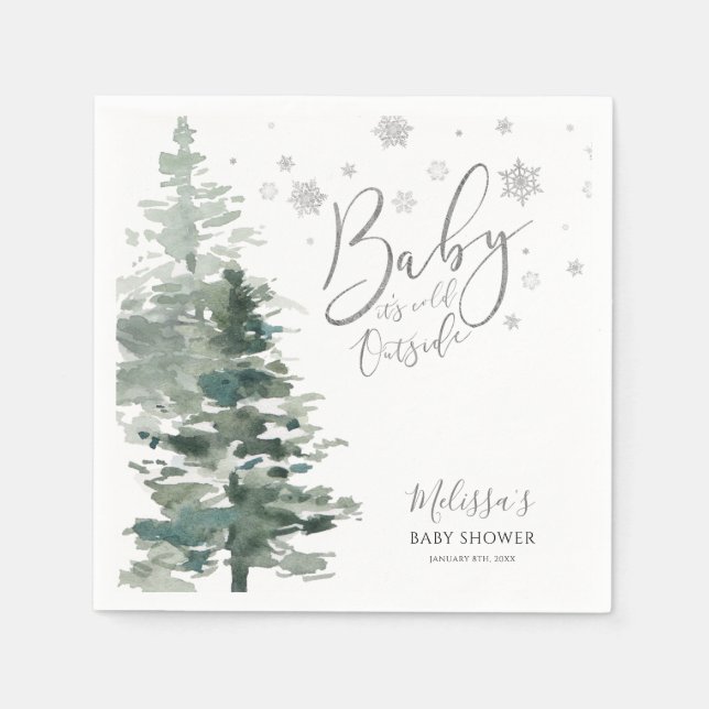 Winter Forest Silver It's Cold Outside Baby Shower Napkins (Front)