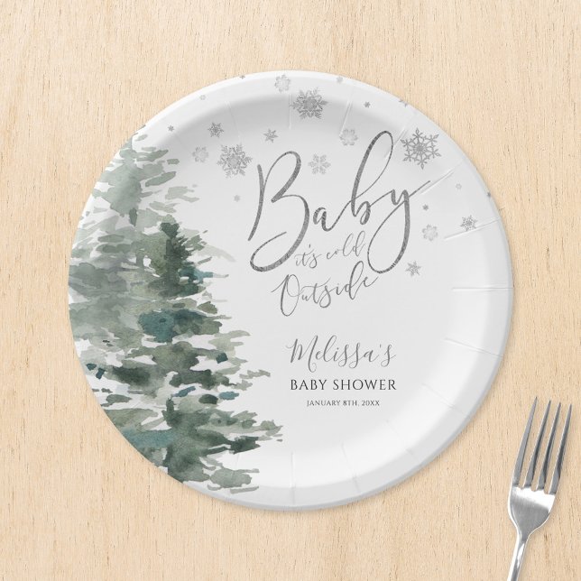 Winter Forest Silver It's Cold Outside Baby Shower Paper Plates (Creator Uploaded)
