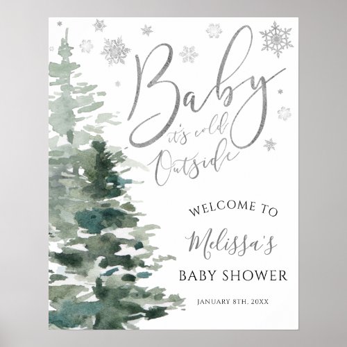 Winter Forest Silver Its Cold Outside Baby Shower Poster