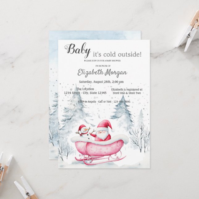  Winter Forest Sleight Santa Claus Baby Shower Invitation (Front/Back In Situ)