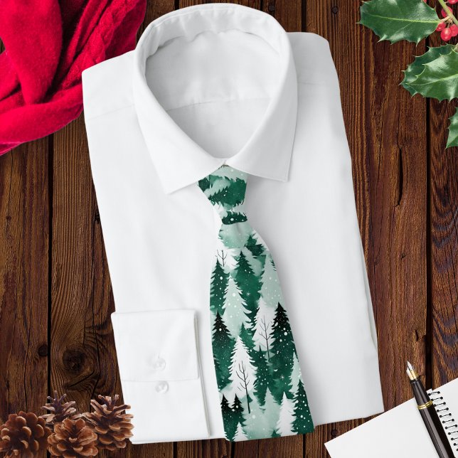 Winter Forest Snow Scene Trees Patterned Christmas Neck Tie (A men's green and white tie with pattern of a winter forest in snow. Ideal for the Christmas season.)