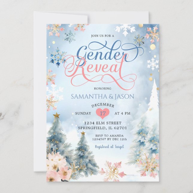 Winter Forest Snowflake Christmas Gender Reveal Invitation (Front)
