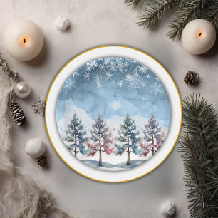 Winter Forest Snowflakes & Pine Trees Baby Shower Paper Plates