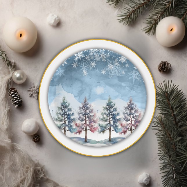 Winter Forest Snowflakes & Pine Trees Baby Shower Paper Plates (Creator Uploaded)