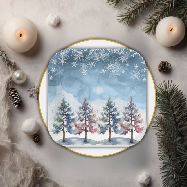 Winter Forest Snowflakes & Pine Trees Baby Shower Paper Plates (Creator Uploaded)