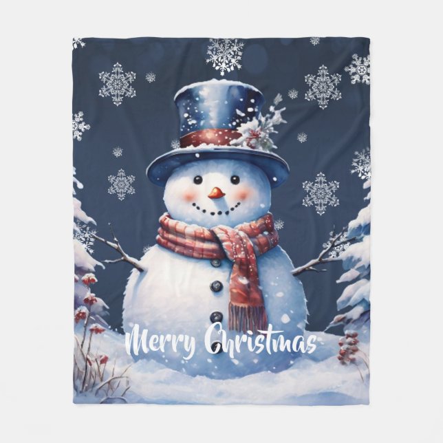Winter Forest Snowman Christmas | Blue Fleece Blanket (Front)