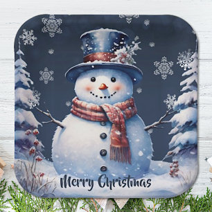 Winter Forest Snowman Christmas Blue Paper Plates