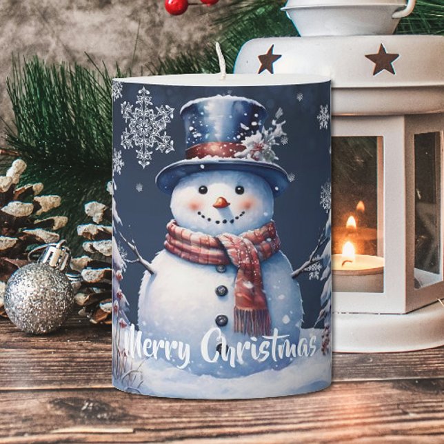 Winter Forest Snowman Christmas | Blue Pillar Candle (Winter Forest Snowman Christmas Pillar Candle)