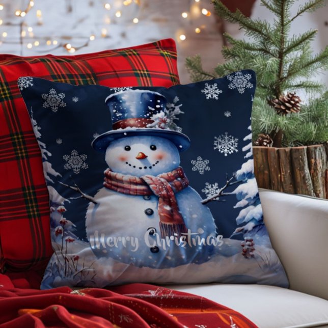 Winter Forest Snowman Christmas | Blue Throw Pillow (Blue Winter Forest Snowman Christmas Throw Pillow)