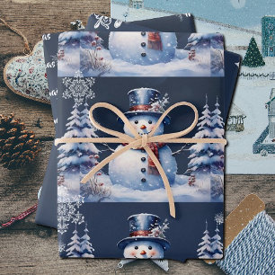 Winter Forest Snowman Christmas Blue Wrapping Paper Sheets