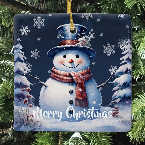 Winter Forest Snowman Christmas Ceramic Ornament