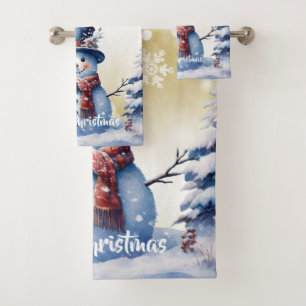 Winter Forest Snowman Christmas   Gold Bath Towel Set