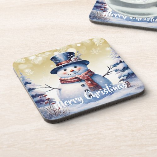 Winter Forest Snowman Christmas  Gold Beverage Coaster
