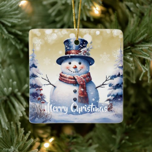 Winter Forest Snowman Christmas  Gold Ceramic Ornament