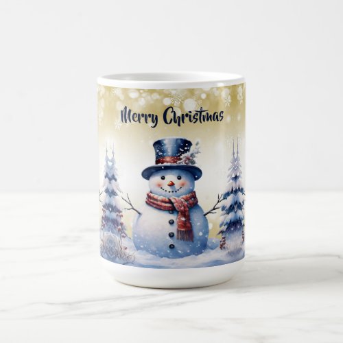 Winter Forest Snowman Christmas  Gold Coffee Mug