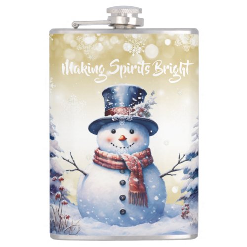 Winter Forest Snowman Christmas  Gold Flask
