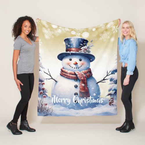 Winter Forest Snowman Christmas  Gold Fleece Blanket