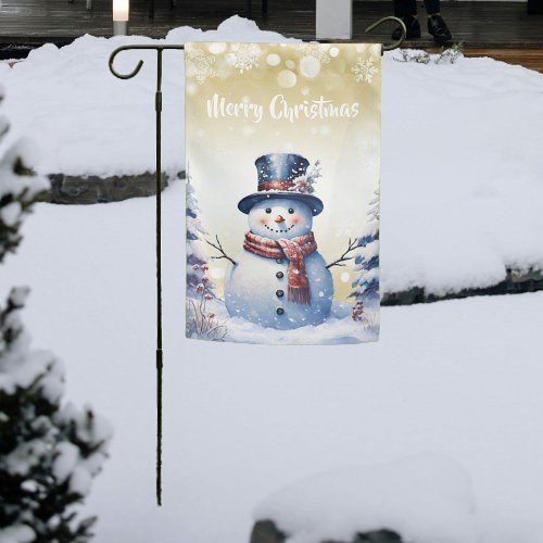 Winter Forest Snowman Christmas  Gold Garden Flag