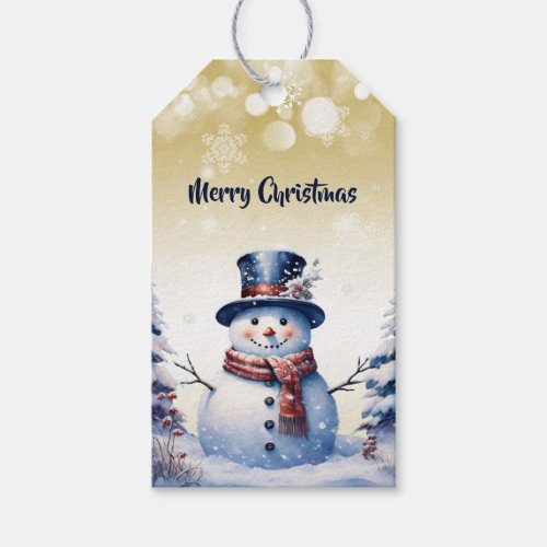 Winter Forest Snowman Christmas  Gold Gift Tags