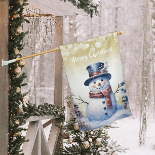Winter Forest Snowman Christmas Gold House Flag
