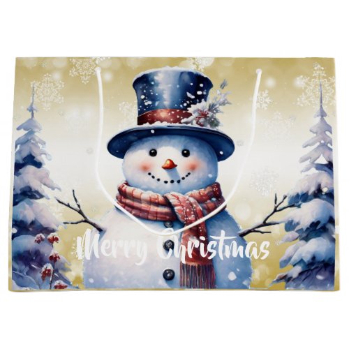 Winter Forest Snowman Christmas  Gold Large Gift Bag