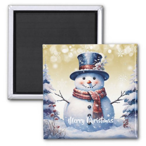 Winter Forest Snowman Christmas  Gold Magnet