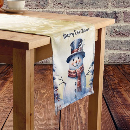 Winter Forest Snowman Christmas  Gold Medium Table Runner