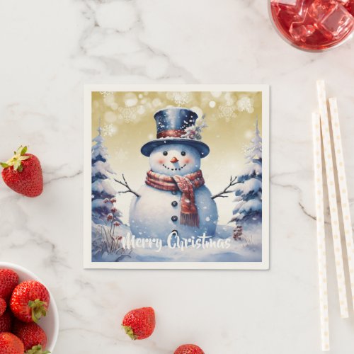 Winter Forest Snowman Christmas  Gold Napkins