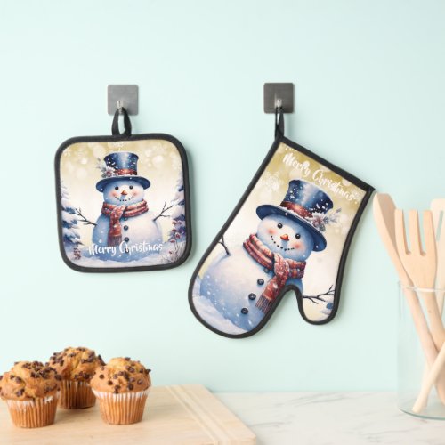 Winter Forest Snowman Christmas  Gold Oven Mitt  Pot Holder Set