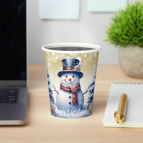 Winter Forest Snowman Christmas  Gold Paper Cups