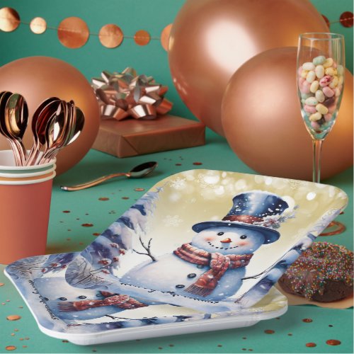 Winter Forest Snowman Christmas  Gold Paper Plates