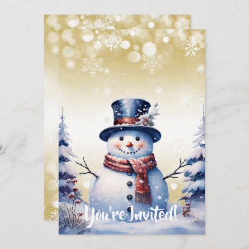 Winter Forest Snowman Christmas   Gold Party Invitation