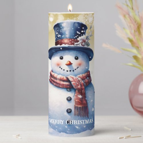 Winter Forest Snowman Christmas  Gold Pillar Candle