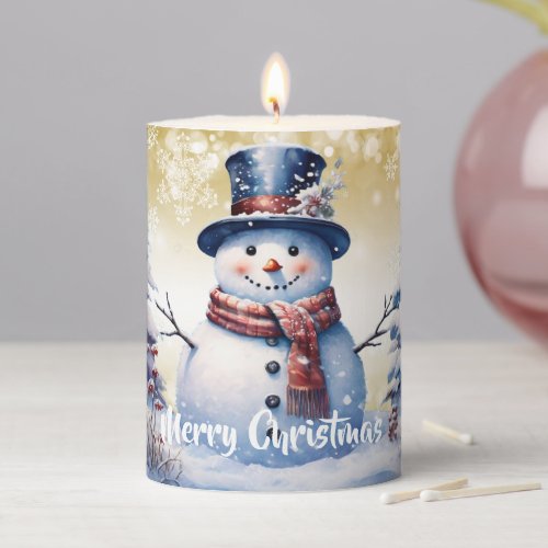 Winter Forest Snowman Christmas  Gold Pillar Candle