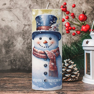 Winter Forest Snowman Christmas   Gold Pillar Candle
