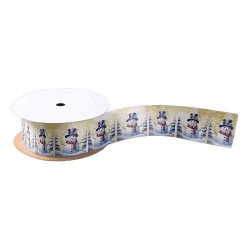 Winter Forest Snowman Christmas  Gold Satin Ribbon